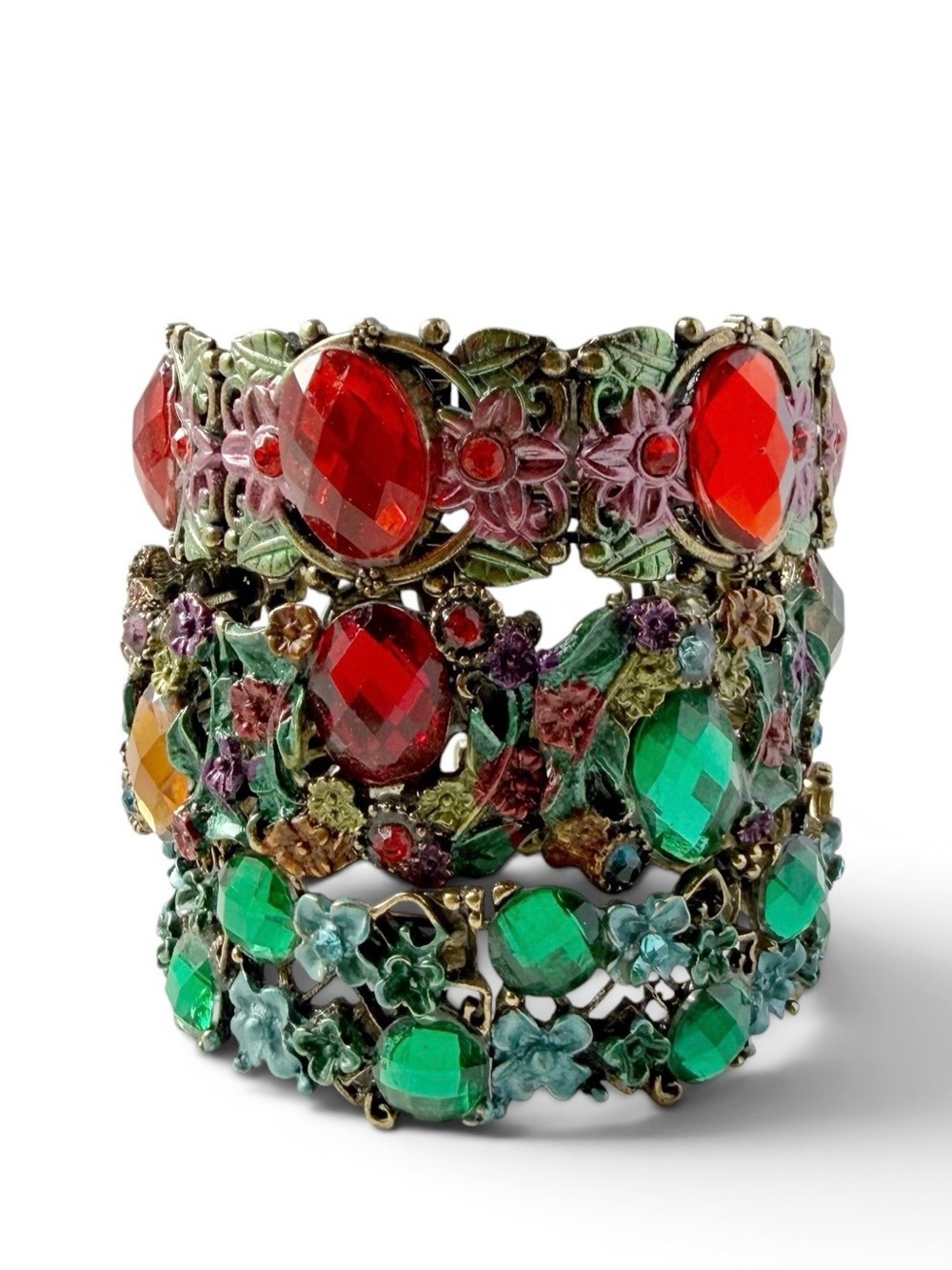 Enamel Floral Multicolor Acrylic Gem Antiqued Goldtone Cuff Bracelet Set of 3